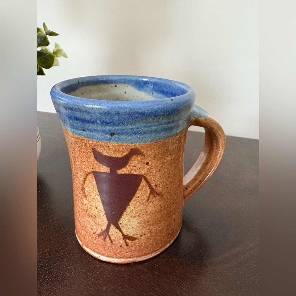 Vintage Handcrafted Stoneware Pottery Mug w/Dancing Kokopelli Design Mexico Folk